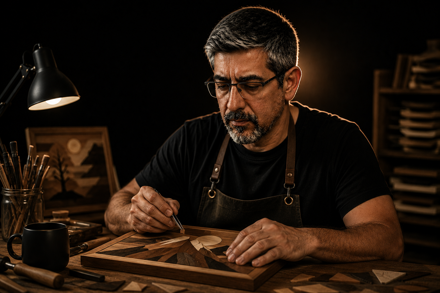 Onur KILAVUZ — atölyede intarsia çalışırken